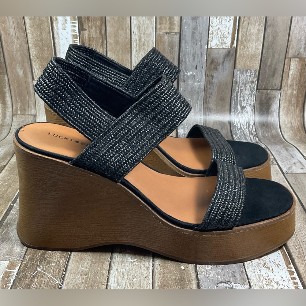 Lucky Brand Delukah Sandals Women Size 9.5 Black Slip On Open Toe Platform Wedge